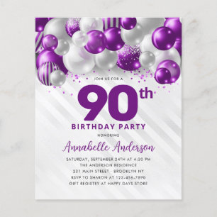 Flyer 90 de Aniversário do Balão de Prata Roxo Barato
