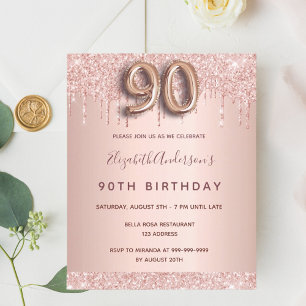 Flyer 90 de aniversário rosa dourado gliter convite de o
