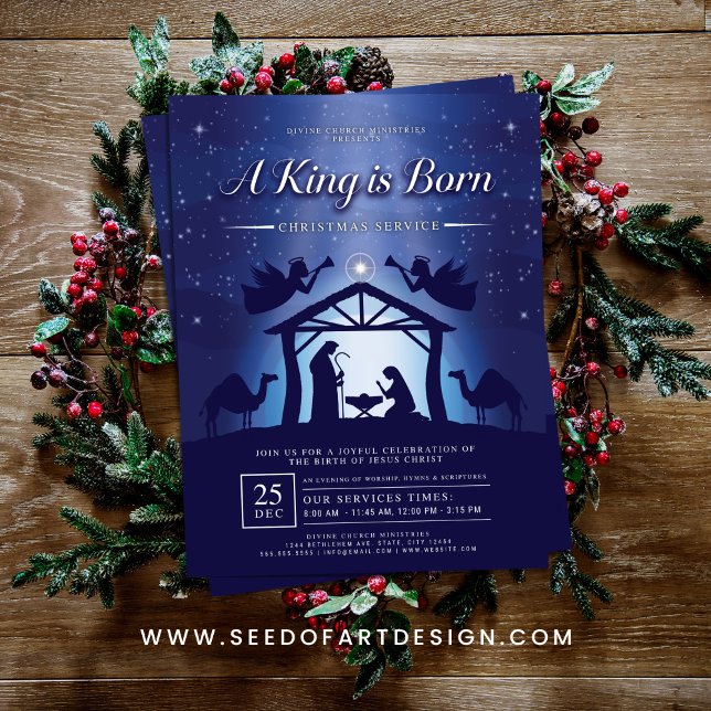 Flyer A King is Born Blue Nativity Scene Church (Criador carregado)