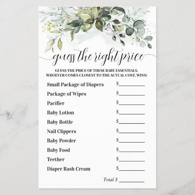 Flyer Adivinha o jogo do Chá de fraldas Verde Preço Cert (Frente)