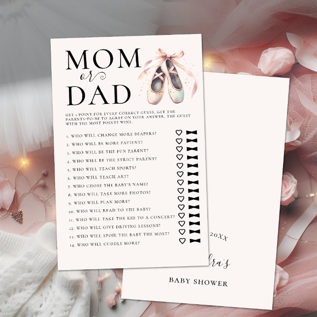 Flyer Adivinha Quem Chá de fraldas Jogo Rosa Calçados Ba (ballerina baby shower game guess who mom dad pink ballet shoes pointes watercolor elegant chic)