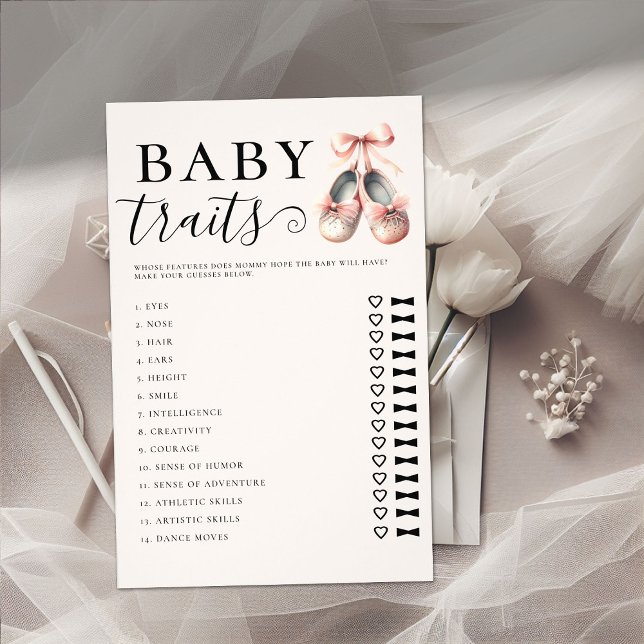 Flyer Adivinhem Bebês Apresenta Calçados para jogos de C (guess baby traits shower game girl ballerina ballet dancer shoes watercolor cute chic sweet adorable)