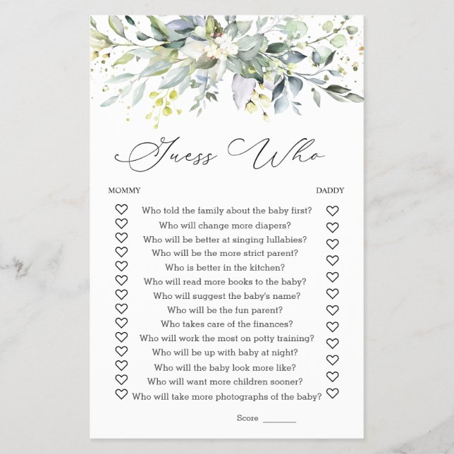 Flyer Adivinhem quem Mamãe ou jogo de Chá de fraldas Pai (Frente)