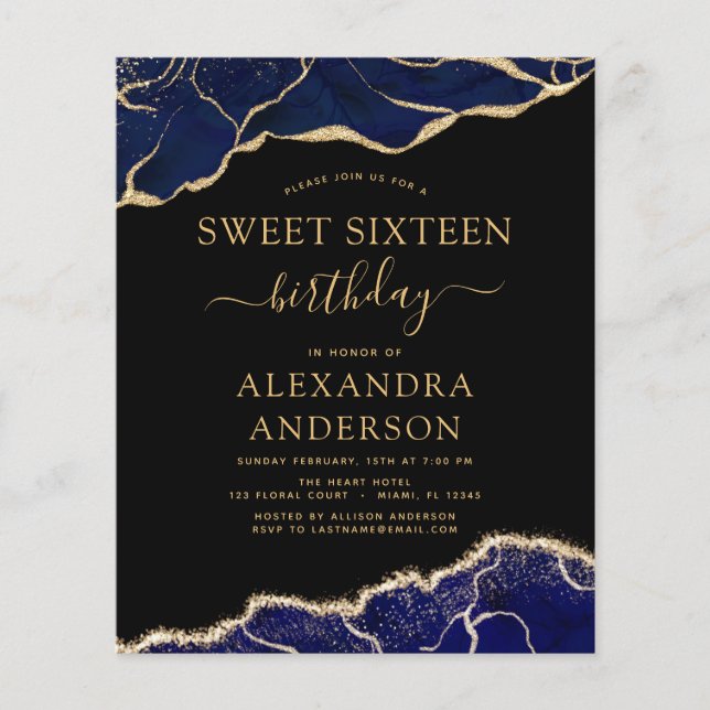 Flyer Agate de Orçamento Doce 16 Marinho Azul Dourado (Frente)