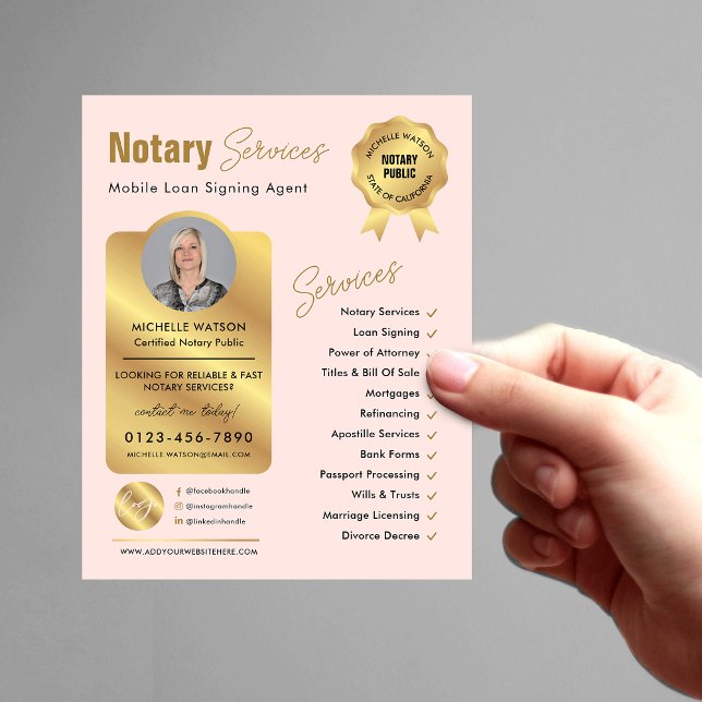 Flyer Agente de Assinatura de Empréstimo Notário Blush P (Feminine pink and gold loan signing agent / attorney marketing flyer with your custom photo and logo)