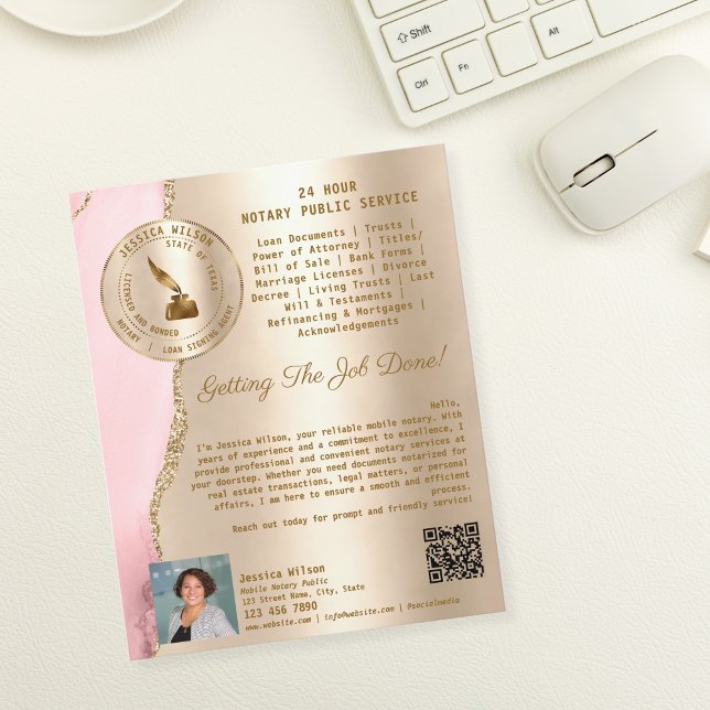 Flyer Agente de Assinatura de Notário e Empréstimo Móvel (mobile notary flyer, gold and blush pink)