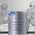 Flyer Aniversário azul-prata floral convite orçamental<br><div class="desc">Por favor, note que este convite está no papel de folheto e é muito fino. Os envelopes não estão incluídos. Para convites mais espessos (mesmo design) visite nossa loja. Para um aniversário elegante de 50 anos (ou qualquer idade). Um fundo metálico na moda escuro e falso prateado. Decorado com poeira...</div>