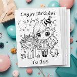 Flyer Aniversário da Menina de Anime me Cor<br><div class="desc">Bela aniversariante com seus balões,  gatinhos e presentes. Página de cores simples e simples,  preta e branca para crianças numa festa de aniversário ou apenas para diversão. Você pode comprar-los em massa. Excelente para professores,  pré-escolas ou festas de aniversário!</div>