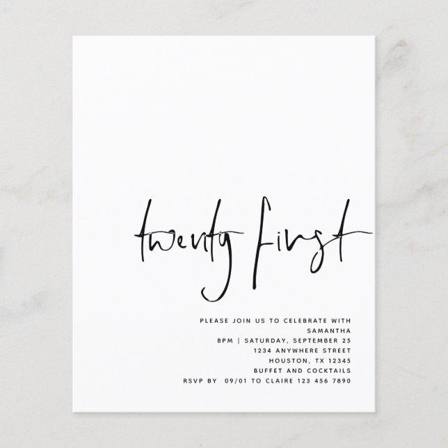 Flyer Aniversário de 21 anos Branco de Script Preto para (Frente)