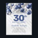 Flyer Aniversário de 30 anos do balão de prata azul bara<br><div class="desc">Marinho Glam Moderno Balão Azul Prata Brilhante Brilhante Qualquer Convite De Aniversário De Idade</div>