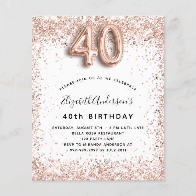 Flyer aniversário de 40 anos rosa de de convite para orç (Frente)