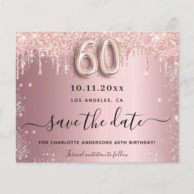 Flyer aniversário de 60 anos rosa bege prata orçamento e (Frente)