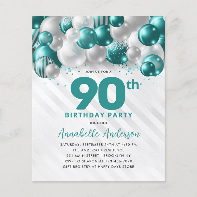 Flyer Aniversário do 90 de Lata de Prata Teal Barata (Frente)
