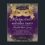 Flyer Aniversário do Glitter Dourado com Mascarada roxo<br><div class="desc">Convite de aniversário violeta roxa com Mascarada de vidro moderno com Lavanda brilhante Dourado com brilho</div>
