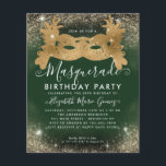Flyer Aniversário do Glitter Dourado Glam Verde-Mascarad<br><div class="desc">Convite de aniversário brilhante moderno de poeira brilhante Dourada brilhante Emerald Verde</div>