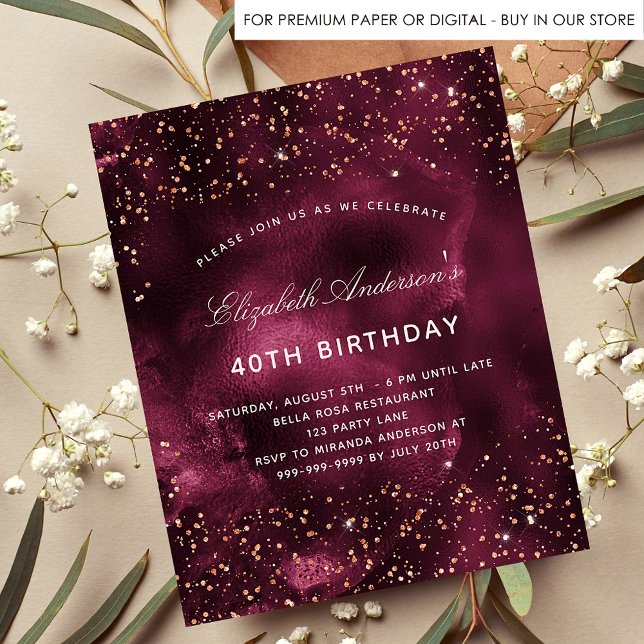 Flyer Aniversário do orçamento de ouro de burgundy (Criador carregado)