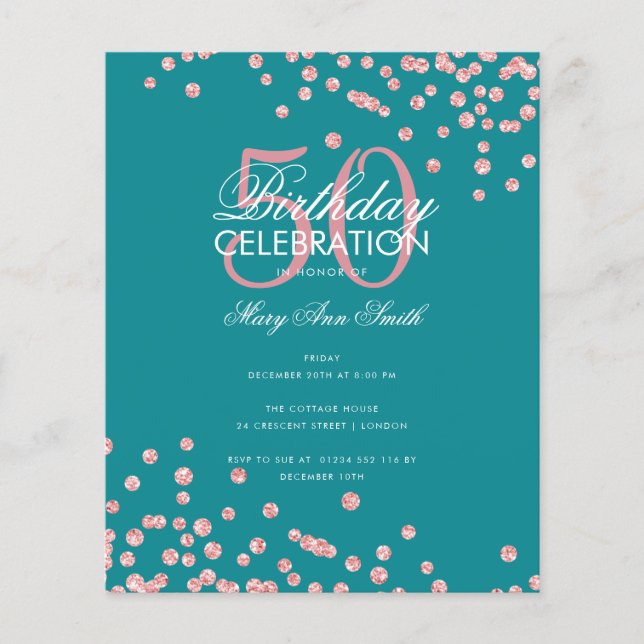 Flyer Aniversário do Orçamento Rosa Dourado Glitter Teal (Frente)
