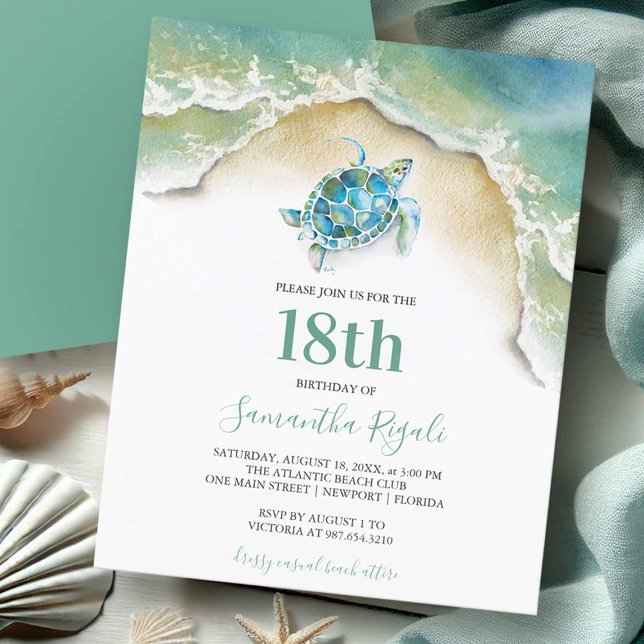 Flyer Aniversário do Orçamento Tartaruga do Mar (Sea turtle beach birthday invitations 18th birthday party watercolor art by Victoria Grigaliunas)