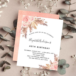 Flyer Aniversário pampas rosa de ouro floral convite