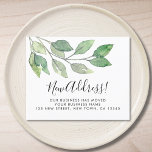 Flyer Anúncio de Movimentação de Negócios<br><div class="desc">Informe seus clientes sobre seu novo endereço com esses folhetos. Eles são decorados com um verde-aquarela minimalista e tipografia de na moda. Facilmente personalizável. Original Watercolor © Michele Davies.</div>