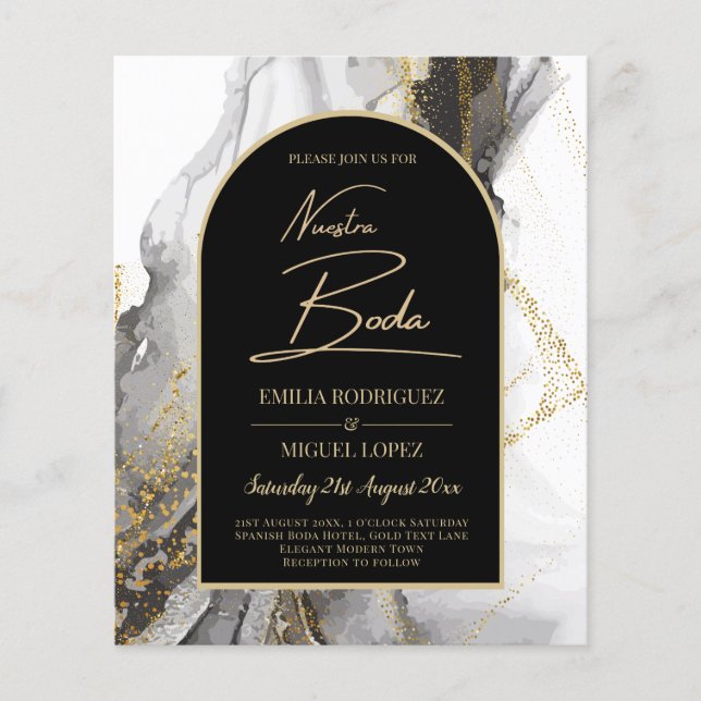Flyer Artículo de boda negro y dorado, bilingüe (Frente)