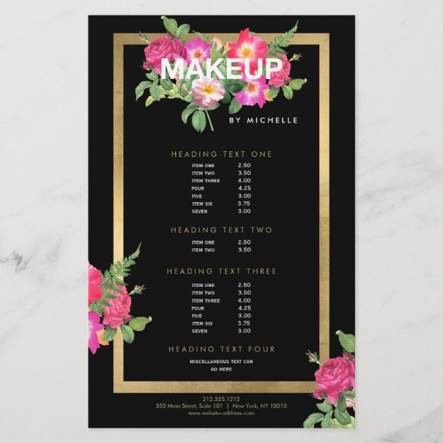 Flyer Artista de Maquiagem Beauty Florals Negrito Preto (Frente)