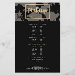 Flyer Artista de Maquiagem Texto Dourado Floral Preto Ci