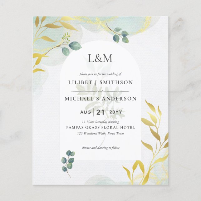 Flyer Arty Greenery Dourado Convite para Casamento (Frente)