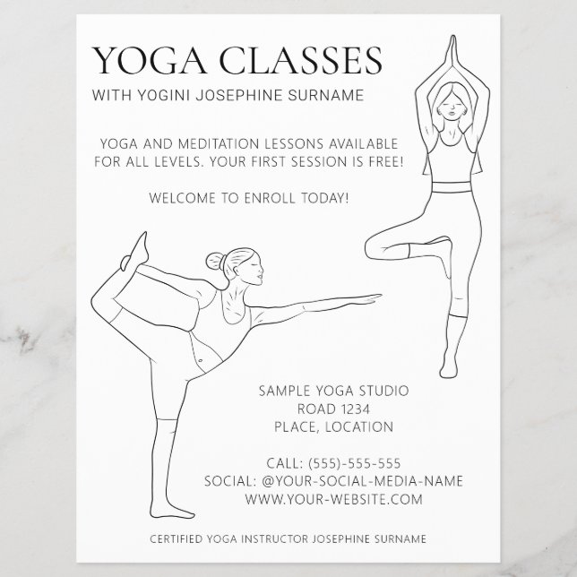 Flyer Aulas de Yoga Arte de Linha Preta Simples Moderna  (Frente)