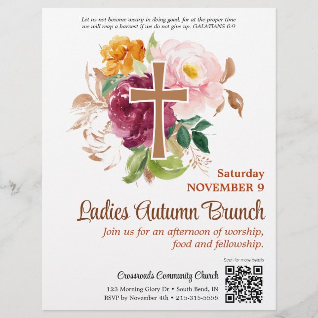 Flyer Autumn Floral Cross Church Damas Brunch (Frente)