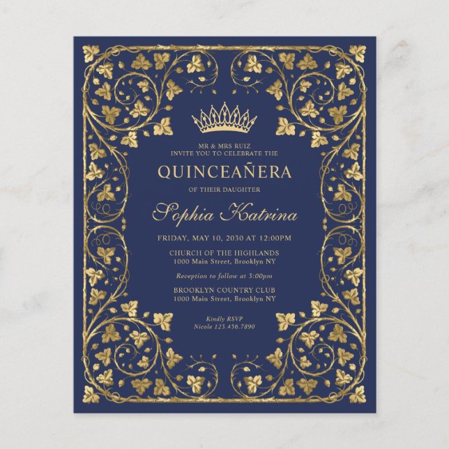 Flyer Azul-Marinho Dourado Tiara Quinceanera (Frente)