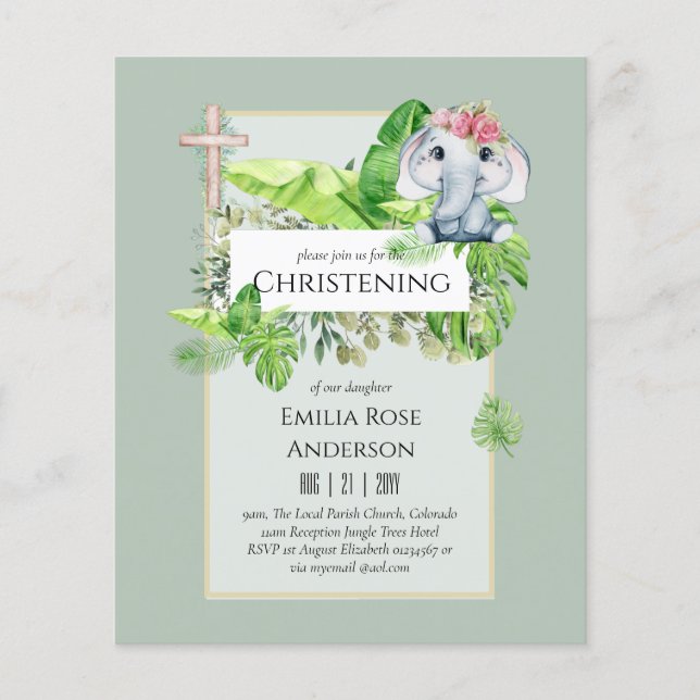 Flyer Baby Elephant CHRISTENING Convida para a selva das (Frente)