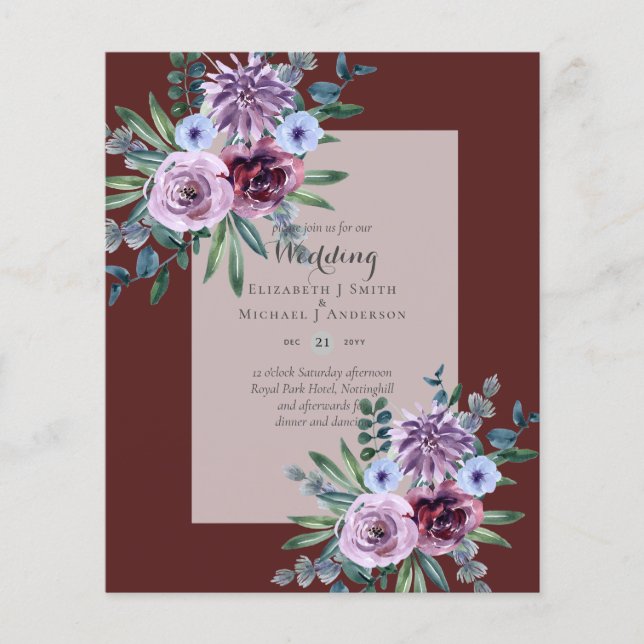 Flyer BAIXO ORÇAMENTO Convites para Casamento Plum Flora (Frente)