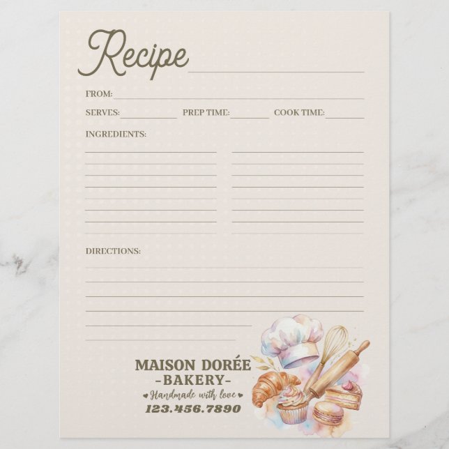 Flyer Bakery Pastry Chef Baking Recipe Page Cookbook (Frente)