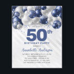 Flyer Balão de Prata Azul Barato Brilhante Brilhante 50º<br><div class="desc">Marinho Glam Moderno Balão Azul Prata Brilhante Brilhante Qualquer Convite De Aniversário De Idade</div>
