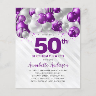 Flyer Balão de Prata Púrpura Barato Brilhante 50º Aniver