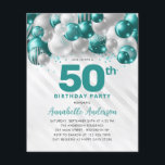 Flyer Balão de Prata Teal Barato Brilhante 50º Aniversár<br><div class="desc">Glam Moderno Verde Verde Silver Balão Brilhante Glitter Qualquer Convite De Aniversário De Idade</div>