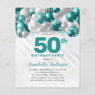 Flyer Balão de Prata Teal Barato Brilhante 50º Aniversár