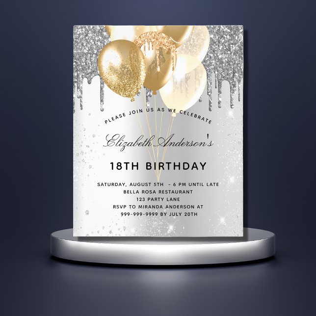 Flyer Balões de ouro prateado festa de aniversário do or (Criador carregado)