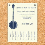 Flyer Banjo Lições De Música Professora Lágrimas De Banj<br><div class="desc">Promova suas aulas de banjo ou outros negócios de instrução de música com este folheto apresentando uma ilustração de um banjo em azul marinho com os detalhes de sua empresa ao combinar a inscrição azul do marinho com um fundo colorido de creme suave. Tiras rasgadas no fundo tornam isso perfeito...</div>