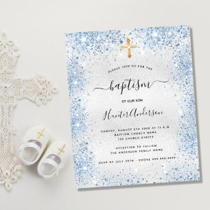 Flyer Baptism silver glitter blue boy budget invitation