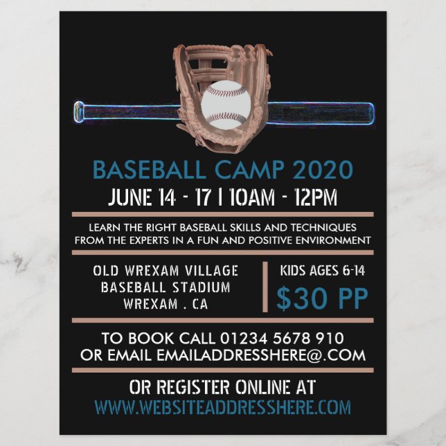 Flyer Bat & Gear Neon Baseball, Anúncio do Camp Baseball (Frente)