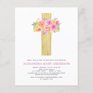 Flyer Batismo orçamental Pastel Floral Rosa Rosa Cruz