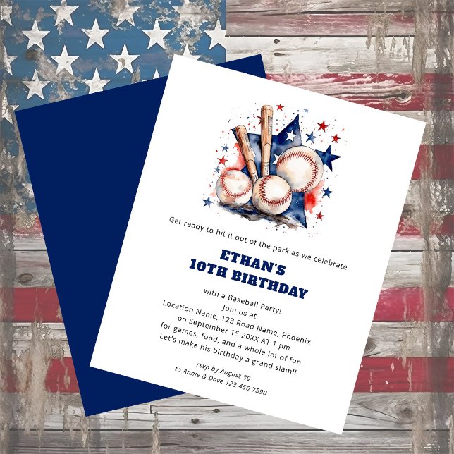 Flyer Bats de Bola de PAPEL Stars Baseball Birthday Red  (Front and back view)