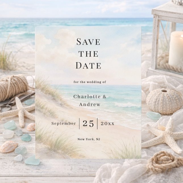 Flyer Beach coastal modern wedding budget Save the Date (Criador carregado)