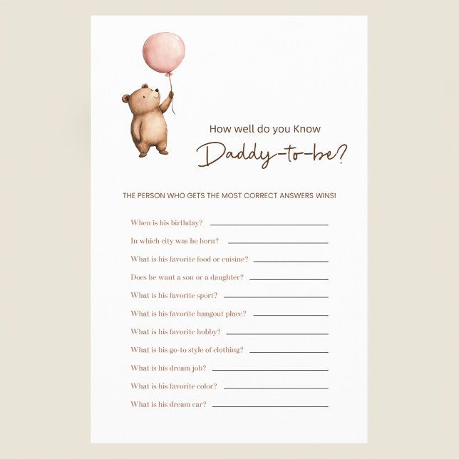 Flyer Bear Balloon Daddy Trivia Baby Shower Game (Criador carregado)