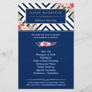 Flyer Beauty Salon Vintage Marinho Floral Blue Stripes