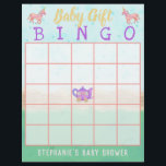 Flyer Bebê presente Bingo Cute Unicorn Chá do Tea Party<br><div class="desc">Estes cartões de chá de fraldas adoráveis de "bingo-presente de bebê" são perfeitos para a sua festa de chá. A design cômica inclui unicórnios cor-de-rosa,  estrelas e bule de chá roxo no centro do conselho. Use o campo modelo fácil para adicionar seu texto personalizado.</div>