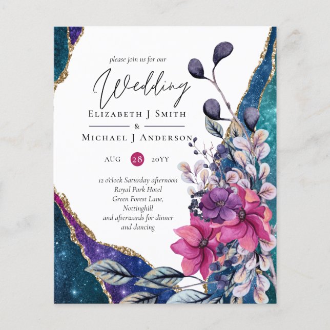 Flyer Belo ORÇAMENTO Violet Blue Floral Agate Casamento (Frente)