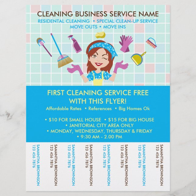Flyer Bilhetes de Limpeza Janitorial Publicidade Dama de (Frente)